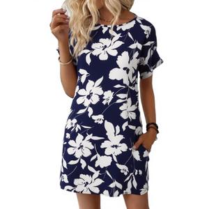 Wenrine Womens Summer Dress 2025 Floral T Shirt Dress Casual Cap Sleeve Crewneck Loose Boho Shift Mini Dresses Navy