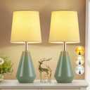 Small Bedside Table Lamp for Bedroom-Reading Desk Lamp Set of 2,with 3 Color Temperatures,15.5" Nightstand Ceramic Lamp with Fabric Shade for Kids Room,Living Room,Dorm,Home Office (Green)