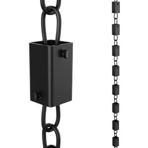 Square Rain Chain, 8.5 Feet Length, 2.36inch Big Size Cup, Rain Chains Direct Functional and Decorative Replacement for Gutter Downspouts, Black Powder Coated, V Gutter Clip Included, Black