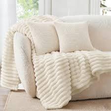 BEDELITE Fleece Throw Blanket for Couch - 300GSM Soft & Warm Fluffy Cream White Blanket, Decorative and Giftable Striped Blankets for Women, Men, 50"x60"