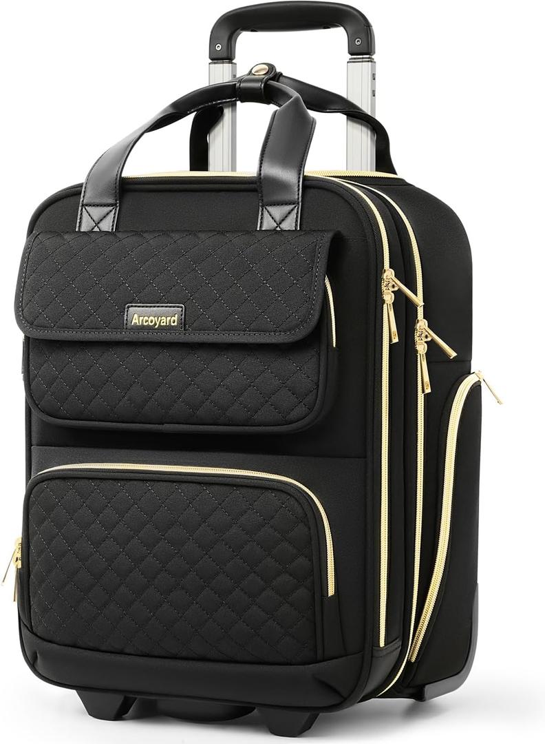 Arcoyard Underseat Carry On Luggage with Wheels, Airline Approved Personal Item Luggage, 16-Inch Multi-functional Underseat Luggage, Lightweight Overnight Suitcase for Women, Bussiness, Travel, Black