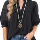 Women's Ruffled Mock Neck Blouse Half Puff Sleeve V-Cut Casual Top Loose-Fit Split Hem Shirt, Black, XL