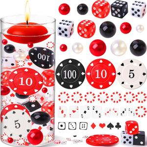 465 PCS Casino Theme Vase Filler Floating Centerpiece Decor with Dice, Poker Chips, Pearls, Mini Playing Cards & Chips  Red, Black & White Party Decorations for Casino Night, Wedding, Vegas Events