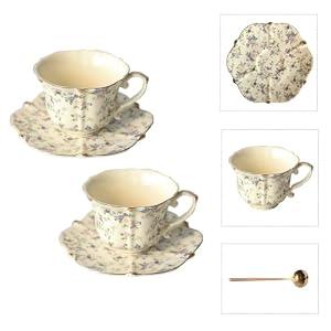 POWDONUNT Vintage Floral Porcelain Tea Cup and Saucer Set with Spoon, Gold Trim, 6.4 oz â€“ Set of 2, Beige â€“ Tea & Espresso & Coffee Cups (2, Beige)