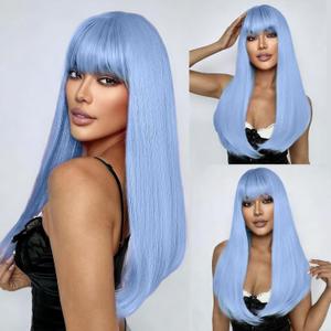 SUKRI Light Blue Wigs with Bangs Long Straight Blue Wigs for Women Heat Resistant Synthetic Wigs for Girls Cosplay Party Halloween Daily Use 22 Inch