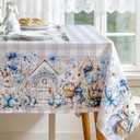 Joyfol Day Buffalo Plaid Easter Tablecloth, Bunny Waterproof Rectangle Table Cloth, Blue Flowers Washable Table Cover for Spring Dining Party Decor (84 X 60 Inch), Grey Checkered