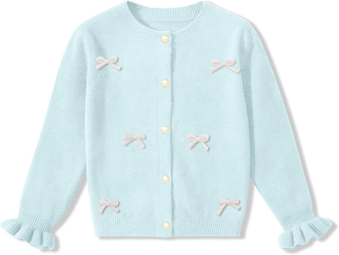 BesserBay Girl Fall 3D Bow Button Down Knit Ruffle Long Sleeve Cardigan Sweater 6-14 Years (Blue)