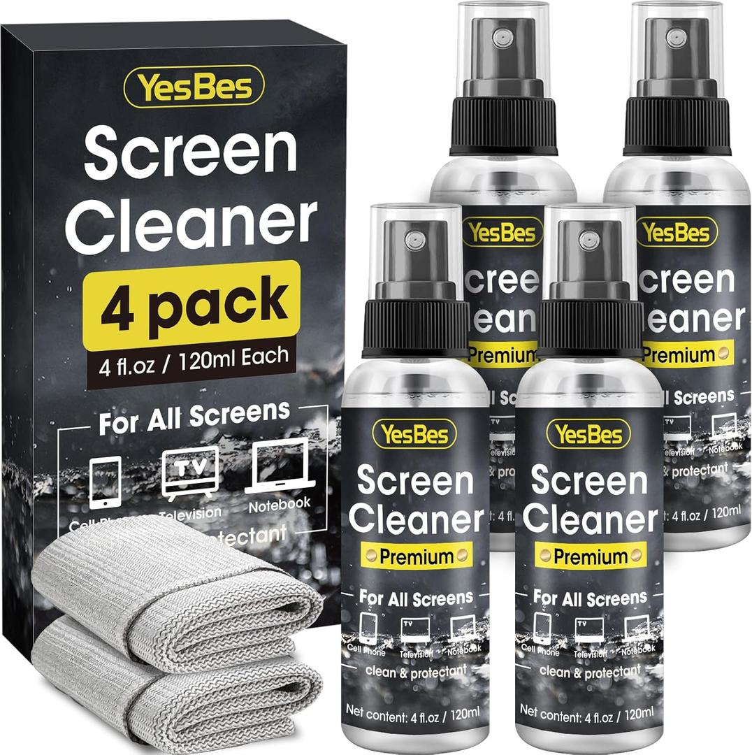 Screen Cleaner Spray 16oz (4oz x 4 Pack) - TV Screen Cleaner Spray and 2 Microfiber Cloths, Computer Screen Cleaner & Car Screen Cleaner for TV, Monitor, Laptop, MacBook, iPad