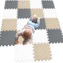 MQIAOHAM 18 Pieces Puzzle Play Mats, Soft Baby Play Mat, Kids Interlocking Foam Floor Tiles, Toddlers Carpet Playmats G301018-101110112 (871721cm, White Beige Grey)