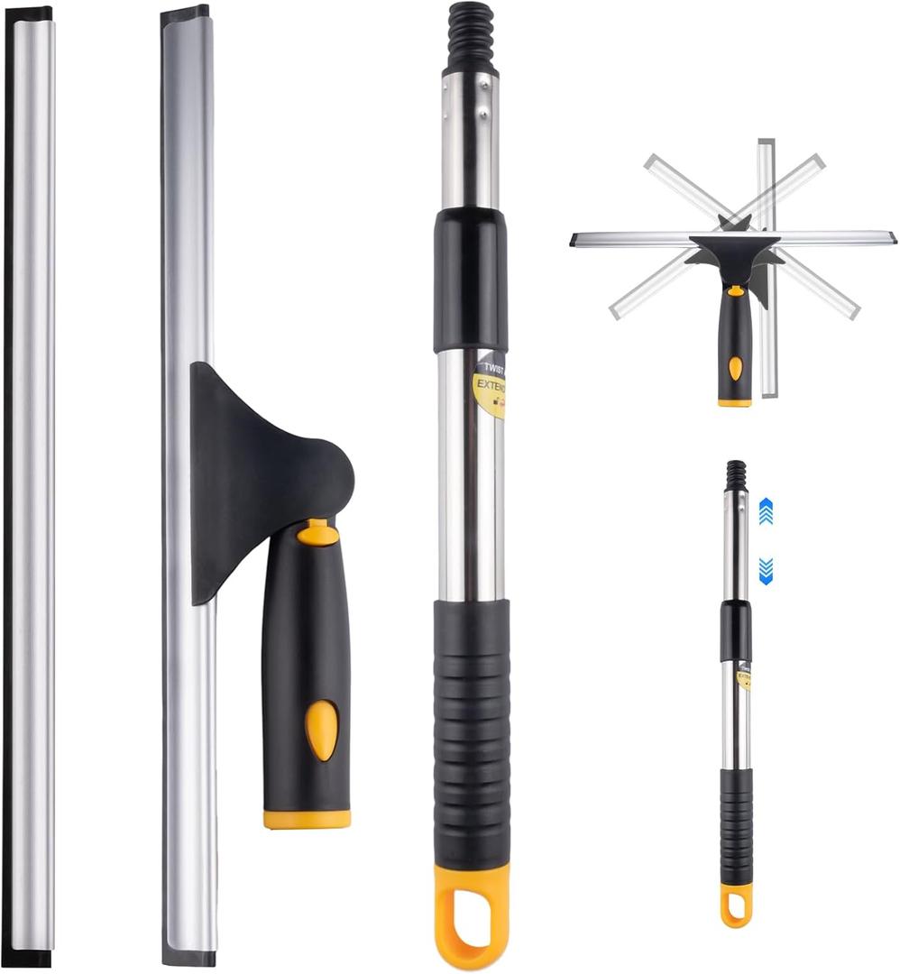 14" Window Cleaning Tool, All-Purpose Extendable Window Squeegee with 2 Blades and Stainless Steel Pole, Shower Squeegee for Glass Doors Bathroom and Car Windshields (Black, 14")