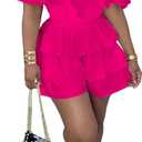 LAJIOJIO Jumpsuits for Women,Sexy Off the Shoulder Ruffle Hem Pleated Short Romper for Summer 2024 (3X-Large, Rose)