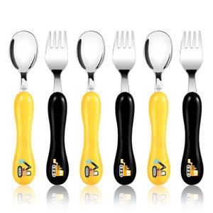 Lehoo Castle Toddler Fork and Spoon, 6pcs Toddler Utensils Kids Silverware, Safe Stainless Steel Toddler Fork Spoon Set, Children Flatware Set, Incudes 3 Spoons and 3 Forks (Engineering Vehicle) (Black)