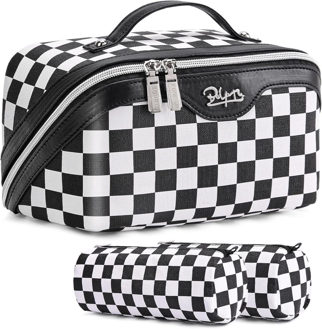 BOYATU Travel Makeup Bag Cosmetic Bags for Women: Large Make up Bags Set of 3 - Portable Makeup Organizer with Compartments&Handle&Divider - Waterproof PU Leather Toiletry Bag(A-5-Checkered Mix Black)