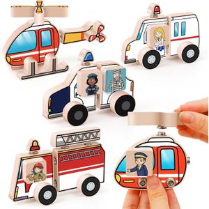 Aizweb Emergency Vehicle Toys,Wooden Police Car, Fire Truck, Ambulance, Helicopter,STEM Kit Fine Motor Blocks Educational Learning Montessori for 4-8 Year Old Boys Girls Community Helper