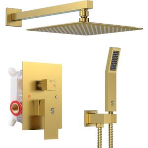 SR SUN RISE Shower Faucets Sets Complete Brushed Gold Square Rain Shower Head with Handheld Spray All Metal Shower Faucet Trim Repair Kits (Contain Shower Valve) (10 Inch)