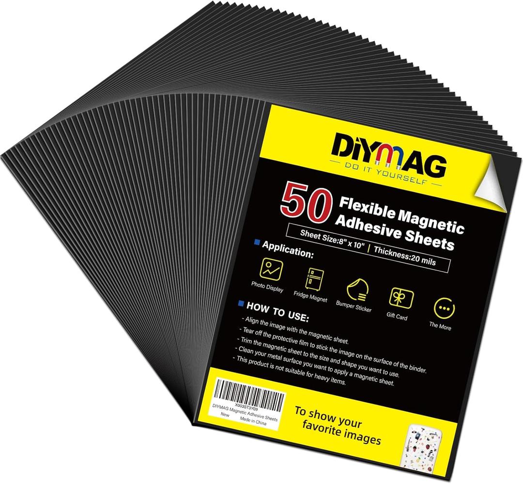 DIYMAG Magnetic Adhesive Sheets, |8" x 10"|, 50 Pack Magnetic Sheets with Adhesive Backing, Flexible Magnet Sheets for Crafts, Photos and Die Storage, Easy Peel and Stick, Easy to Cut into Any Size