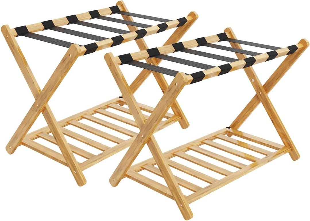 Luggage Racks, Folding Bamboo Suitcase Stand with Storage Shelf and Nylon Straps, Luggage Holders Assembled Suitcase Storage Caddy Holder for Guest Room, Hotel, Bedroom, Natural, Pack of 2