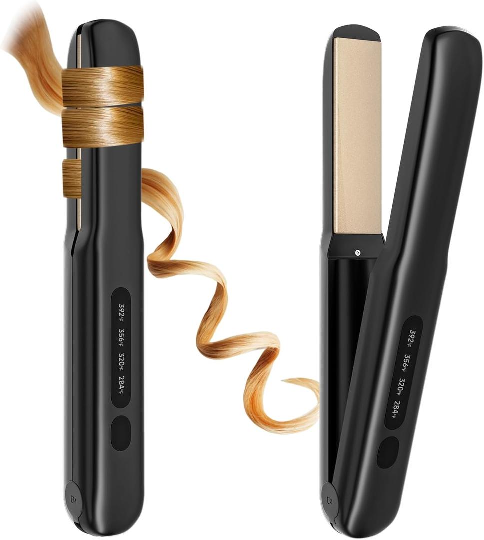 Cordless Hair Straightener and Curler, 2 in 1 Portable Mini Flat Iron & Curling Iron, Fast Heating & Titanium Plate Straightener with 4 Adjustable Temp,Travel Size Preferred Gifts (Black) (Black)