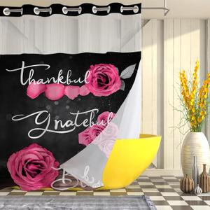 No Hook Shower Curtain with Snap in Liner, Pink Rose Flower Thankful Grateful Blessed Bathroom Curtain with Double Layers Waterproof Fabric and Mesh Top Window, Romantic Showy Floral Home Bath Decor