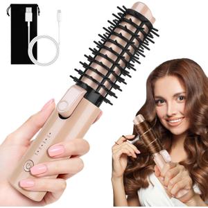 Cordless Curling Iron Brush, Mini Travel Hot Straightener Comb Curl Brush, Rechargeable 4 Temps Cordless Wand Blush with 200 Million Negative Ions for Curls Straightening Styling (Pink)