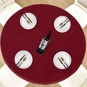 LUSHVIDA Round Vinyl Waterproof Tablecloth Burgundy, Fits Tables up to 36''-44''