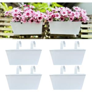 LaLaGreen Rail Planter Box (4 Pack, 16 Inch) Large White Metal Hanging Flower Pots, Rectangle Outdoor Strawberry Plant Holder Window Balcony Deck Railing Fence Minimalist Farmhouse Countryside Style