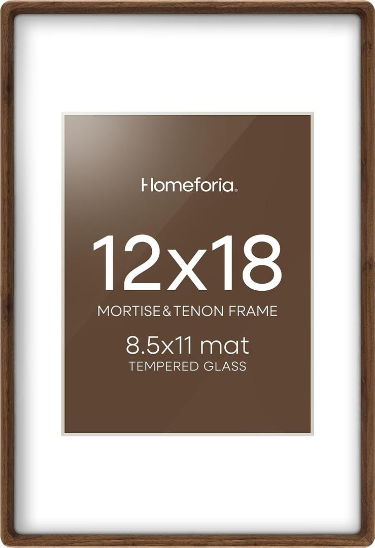 Homeforia 12x18 Mortise&Tenon Walnut Picture Frame, 8.5x11 Mat, Glass