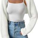 Women's Long Sleeve Open Front Knitted Crop Cardigan Drop Shoulder Knit Bolero Shrug Sweater (White)