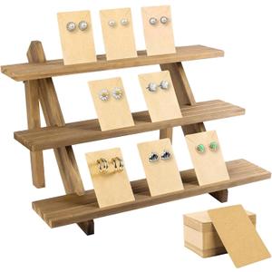 ZYP 51pcs 3-Tier Wood Earring Display Stand, Retail Jewelry Card Stand with Groove + 50 Cards Portable Ring Organizer Holder Showcase Racks for Business Home Using