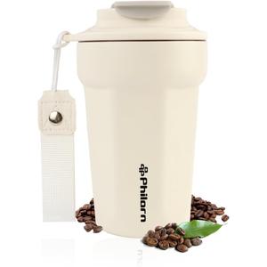 PHILORN Insulated Coffee Mug with Lid, 14 oz Travel Coffee Tumbler Leak Proof Thermal Cup, Stainless Steel Coffee Mug with Double Wall, Reusable Coffee Cup for Hot and Cold Drinks (15.2 fl oz, White)