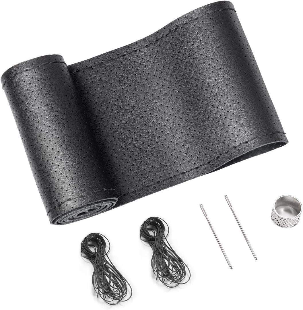 SEG Direct Genuine Leather Steering Wheel Cover, Stitch On Wrap, Breathable Cowhide Steering Wheel Wrap, Standard Size 15 Inch, for Car Truck SUV Pickup Boat, DIY Sewing with Needle Thread, Black