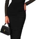 PRETTYGARDEN Fall Wedding Guest Dresses for Women 2025 Ruched Bodycon Midi Long Sleeve Formal Cocktail Dress (Large, Black)