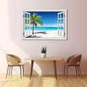 Ocean Wall Art Beach Picture for Living Room White Window Frame Style Palm Tree Art Print on Canvas Large Blue Sea View Painting Artwork for Bedroom Home Office Decoration, Ready to Hang(32"48")