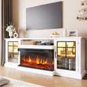 80" Fireplace TV Stand with 3-Sided Glass, TV Cabinet for TVs up to 90", Modern Media Entertainment Center with Farmhouse Glass Door Storage Cabinets, for Living Room, White
