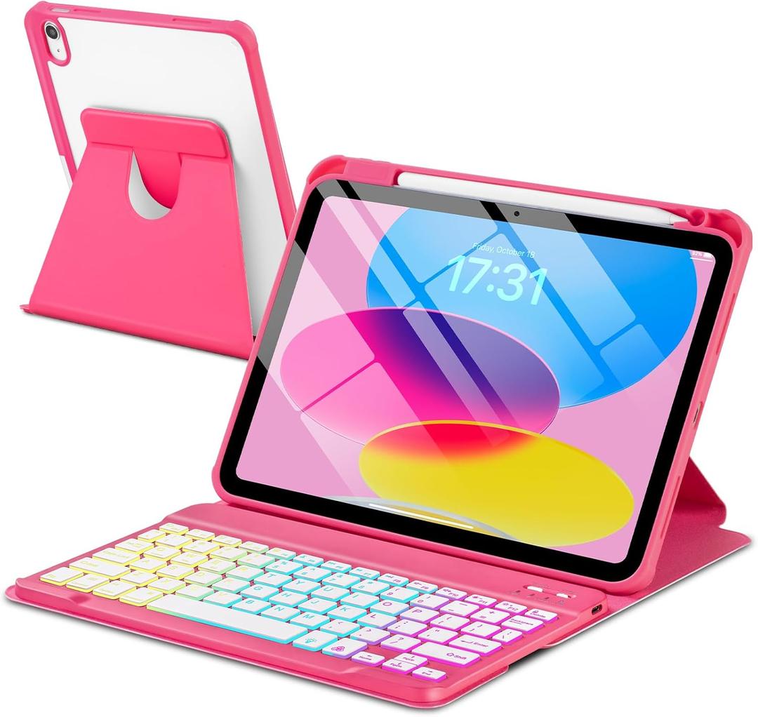 Case with Keyboard for iPad A16 11th 10th Generation 11/10.9 inch,Rainbow Backlit Detachable Keypad Rotatable Magnetic Cover with Pencil Holder for iPad 11 2025 10 Gen 2022 Watermelon Red