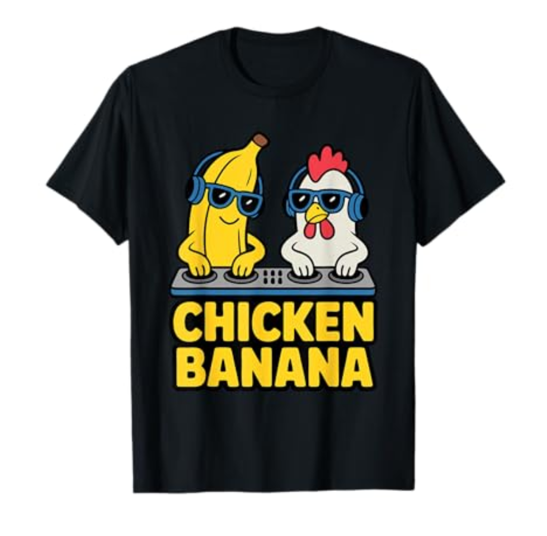 Funny Chicken Banana T-Shirt. S, Girls, Black 