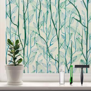 DKTIE Window Film Privacy with Installation Tools, Decorative Stained Glass Window Clings for Home, Static Cling Window Sticker for Front Door, Bathroom (Green, 35.4'' x 118.1'')