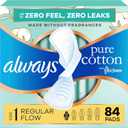 Always Pure Cotton Feminine Pads for Women, FlexFoam Pads with Wings, Size 1, Regular Absorbency, Unscented, 84 Count (3 Packs of 28)