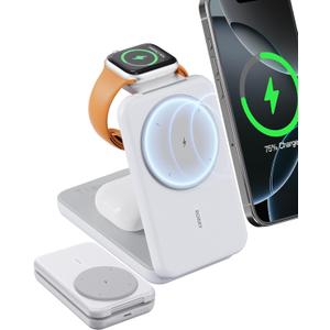 RORRY Portable Charger, 3-in-1 Charging Station 10000mAh Portable Charger Power Bank for MagSafe Foldable Battery Pack Travel for iPhone 16/15/14/13/12, for Apple Watch 10/9/8/7/6/5/Ultra/2, White