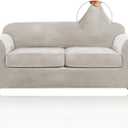 Couch Cover Velvet Plush Sofa Covers for 2 Cushion Couch Width Up to 90 Inch Washable Furniture Protector Pet Friendly No Slip Sofa Slipcover(Medium-Large, Oatmeal)