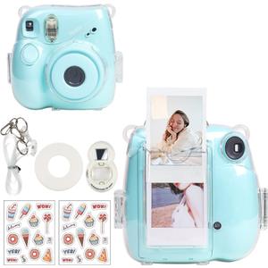 CAIYOULE Clear Case for Fujifilm Instax Mini 7+ Camera Protective Case with Back Photo Storage Pocket, Selfie Mirror, Stickers and Adjustable Shoulder StrapNo Camera