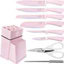 XYJ Knife Block Set, Pink Color, Stainless Steel Kitchen Knives With Knife Block Holder, Meat Cleaver, Professional Cooking Slicing Knife Kit for Master Chef, Kitchen Cutlery (9 in 1)