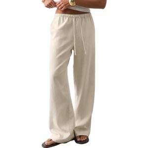 CHYRII Women's Summer Casual Wide Leg Pants Cotton Linen Palazzo Pants Beach Vacation Trouser with Pockets (Beige, M)