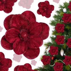 12 Pcs Large Velvet Christmas Poinsettia Magnolia Flowers Ornaments Glitter Big Heads Artificial Magnolia Flowers for Decoration Wedding Decor Supplies(Burgundy)