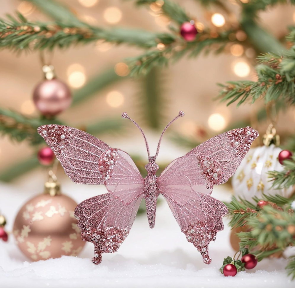 Butterfly Christmas Ornaments Small Cute Christmas Tree Decorations for Indoor Outdoor Unique Holiday Decor Christmas Party Home Decorations (Medium Pink), 3-Pack