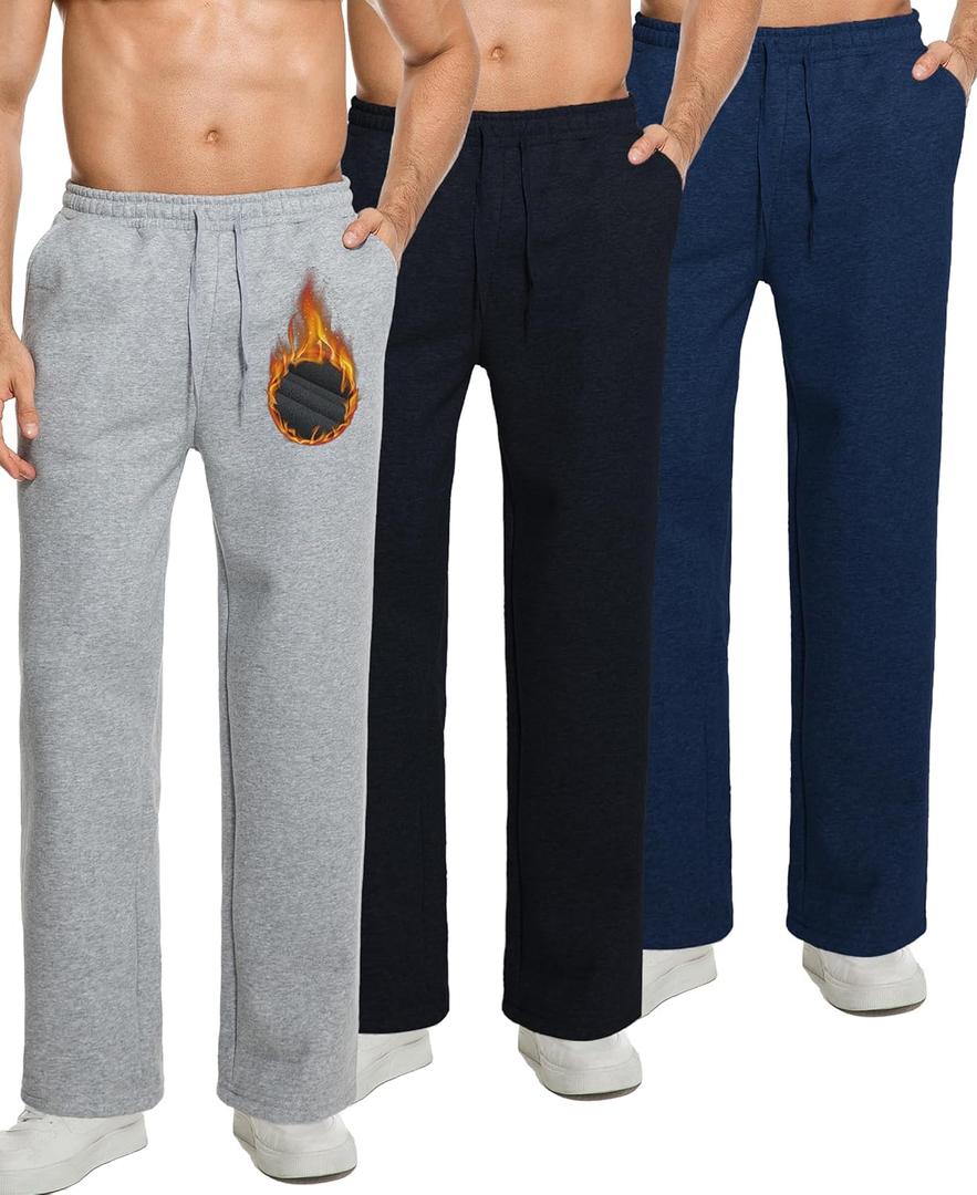 3 Pack Men's Fleece Lined Sweatpants with Pocket Cotton Sweatpants Winter Warm Athletic Joggers Open Bottom Pants (Large, Deep Blue/Black/Grey)