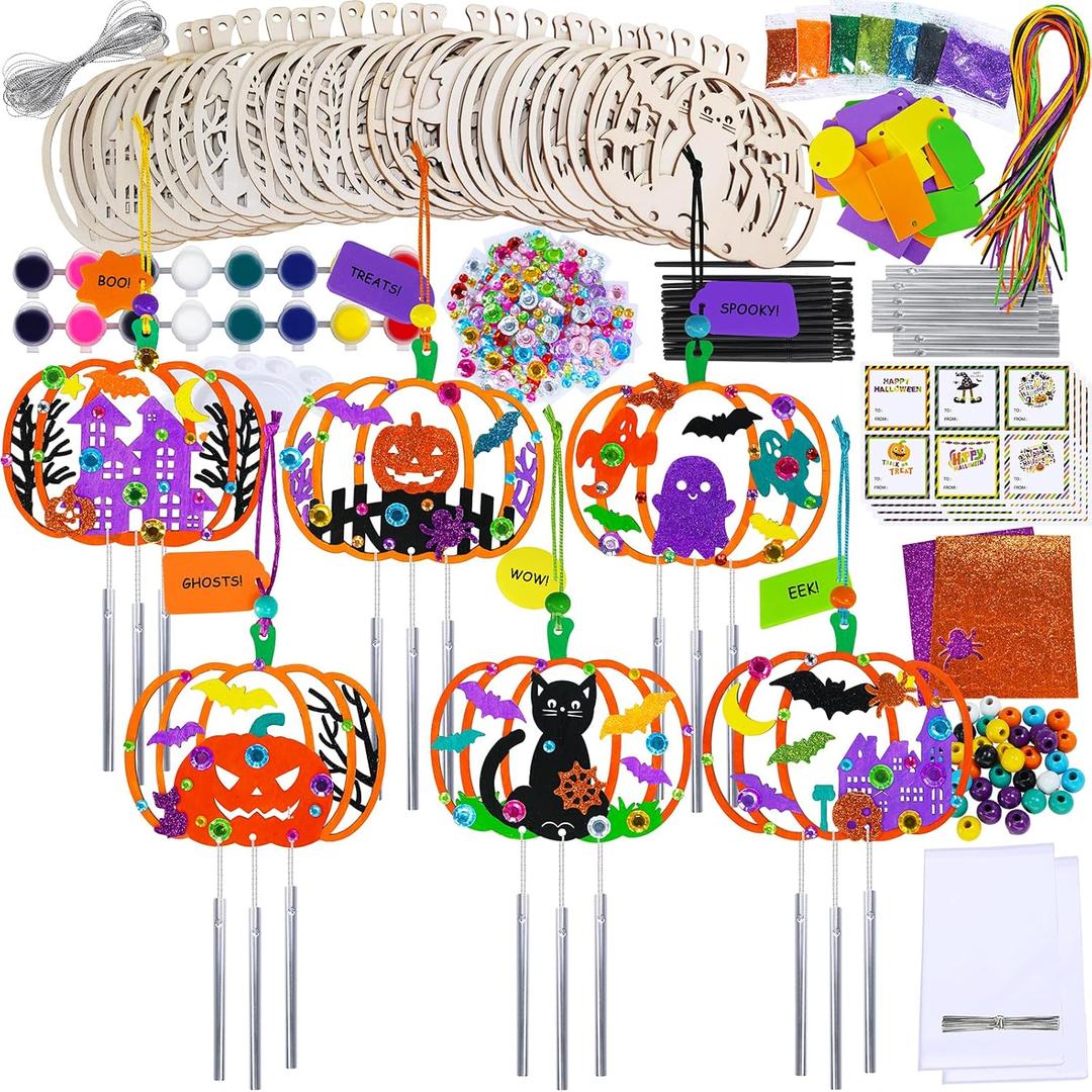 Winlyn 24 Sets Halloween Crafts Fall Pumpkin Crafts DIY Unfinished Paintable Wooden Pumpkin Wind Chimes Ornaments Craft Kits for Kids Classroom Activities Art Project Halloween Decoration Party Favors