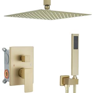 Brushed Gold Shower System Bathroom 16 Inch Rain Shower Head Ceiling Mount with Handheld Luxury High Pressure Shower Combo Set Shower Faucet Rough-in Valve Body and Trim Kit