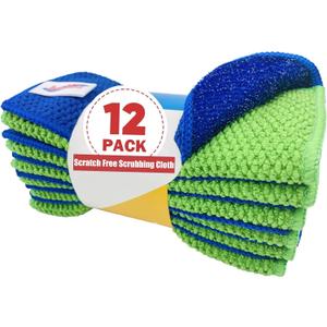 12-Pack Reusable, Scrub Dish Cloth Non-Scratch Microfiber Scrubber, Planet-Friendly, Easy Rinsing, Quick Dry, Dishwasher Safe Cloth for Kitchen & Household, 5.5 x 5.5 Inch, Blue & Green Assorted
