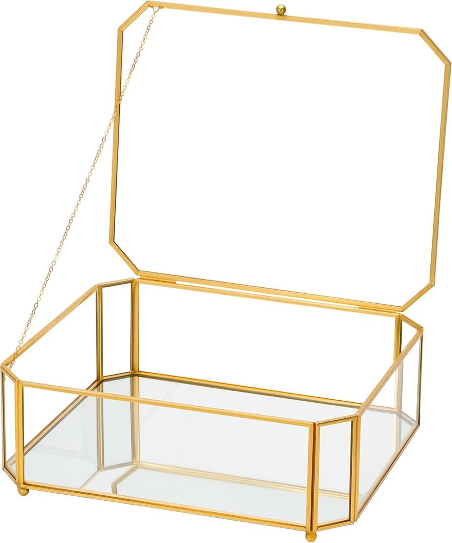 Large Glass Boxes for Display Handmade, Mirrored Bottom, Glass Jewelry Box with Lid, Trinket Box Book Photo Keepsake Organizer, Display Case for Vanity Decor Home Dresser, Octagon, Gold (High: 10.4"L  8.5"W  3.7"H)